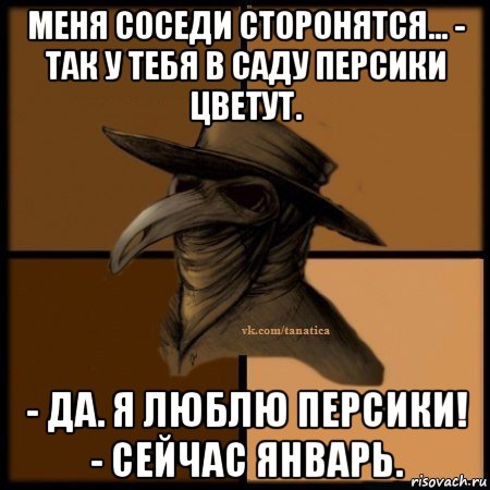 меня соседи сторонятся... - так у тебя в саду персики цветут. - да. я люблю персики! - сейчас январь., Мем Plague doctor