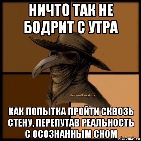 ничто так не бодрит с утра как попытка пройти сквозь стену, перепутав реальность с осознанным сном, Мем Plague doctor