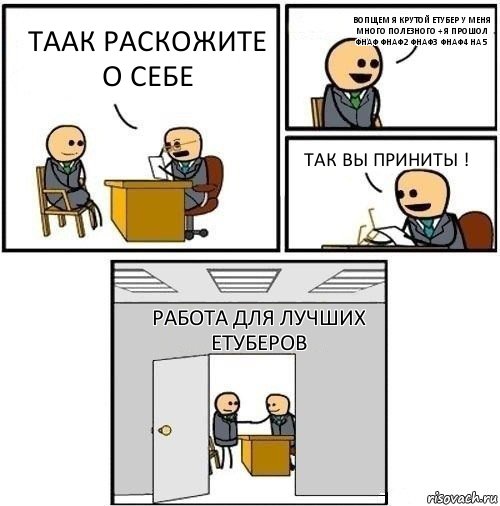 Таак раскожите о себе Вопщем я крутой етубер у меня много полезного + я прошол фнаф фнаф2 фнаф3 фнаф4 на 5 Так вы приниты ! Работа для лучших етуберов