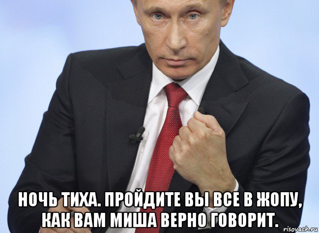  ночь тиха. пройдите вы все в жопу, как вам миша верно говорит., Мем Путин показывает кулак