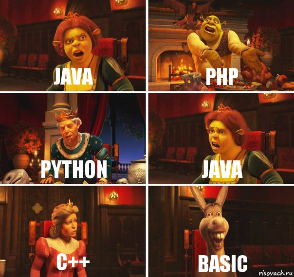 Java php Python Java c++ Basic, Комикс  Шрек Фиона Гарольд Осел