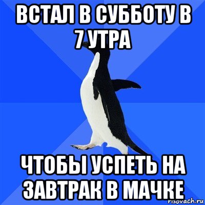 встал в субботу в 7 утра чтобы успеть на завтрак в мачке, Мем  Социально-неуклюжий пингвин