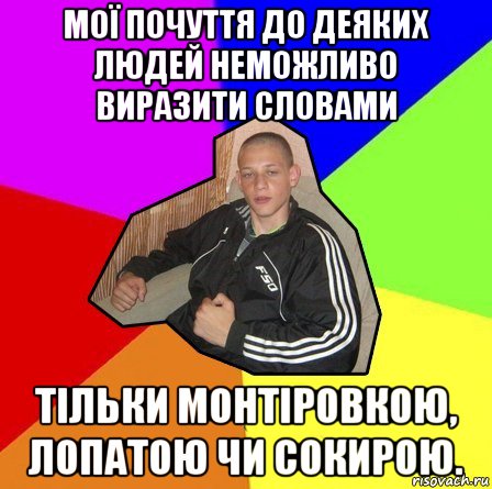 мої почуття до деяких людей неможливо виразити словами тільки монтіровкою, лопатою чи сокирою.