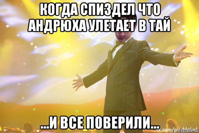 когда спиздел что андрюха улетает в тай ...и все поверили..., Мем Тони Старк Пиздабол