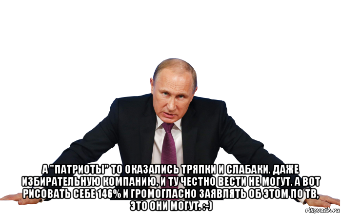  а "патриоты" то оказались тряпки и слабаки. даже избирательную компанию, и ту честно вести не могут. а вот рисовать себе 146% и громогласно заявлять об этом по тв, это они могут. :-)