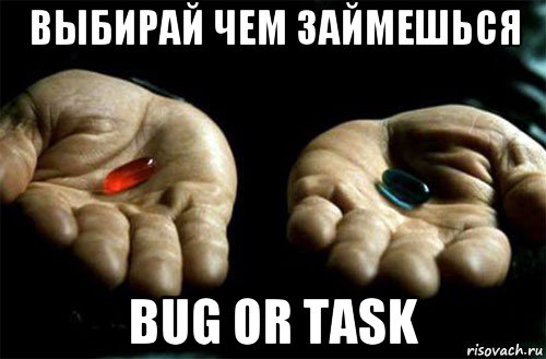 выбирай чем займешься bug or task, Мем выбери таблетку