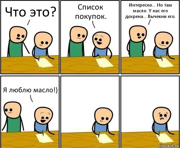 Что это? Список покупок. Интересно... Но там масло. У нас его дохрена... Вычекни его. Я люблю масло!), Комикс Вычеркни меня