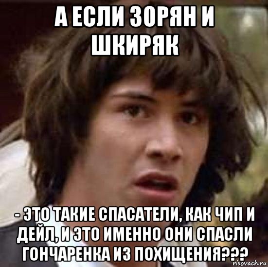 а если зорян и шкиряк - это такие спасатели, как чип и дейл, и это именно они спасли гончаренка из похищения???, Мем А что если (Киану Ривз)