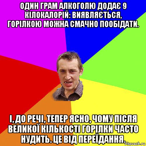 один грам алкоголю додає 9 кілокалорій: виявляється, горілкою можна смачно пообідати. і, до речі, тепер ясно, чому після великої кількості горілки часто нудить. це від переїдання., Мем Чоткий паца