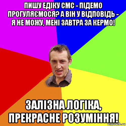 пишу едіку смс - підемо прогуляємося? а він у відповідь - я не можу, мені завтра за кермо! залізна логіка, прекрасне розуміння!, Мем Чоткий паца