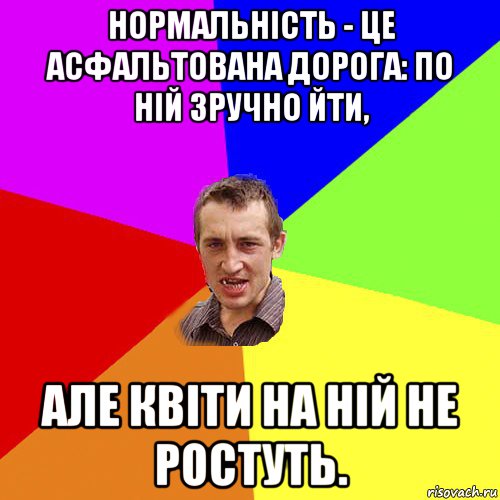 нормальність - це асфальтована дорога: по ній зручно йти, але квіти на ній не ростуть., Мем Чоткий паца