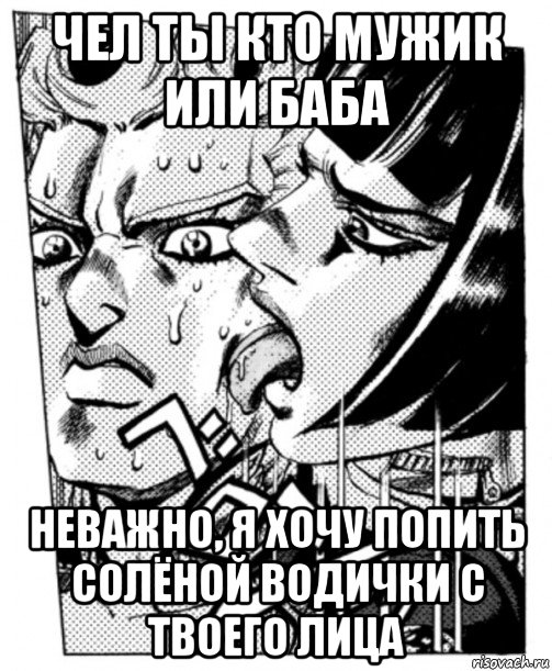 чел ты кто мужик или баба неважно, я хочу попить солёной водички с твоего лица