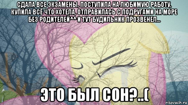 сдала все экзамены, поступила на любимую работу, купила всё что хотела, отправилась с подругами на море без родителей^^ и тут будильник прозвенел... это был сон?..(