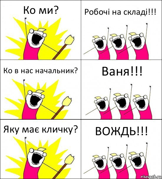 Ко ми? Робочі на складі!!! Ко в нас начальник? Ваня!!! Яку має кличку? ВОЖДЬ!!!, Комикс кто мы