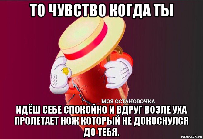 то чувство когда ты идёш себе спокойно и вдруг возле уха пролетает нож который не докоснулся до тебя., Мем   Моя остановочка