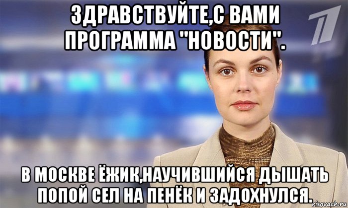 здравствуйте,с вами программа "новости". в москве ёжик,научившийся дышать попой сел на пенёк и задохнулся.