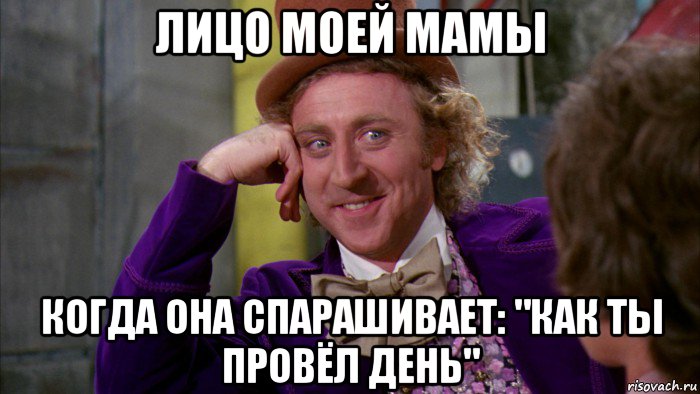 лицо моей мамы когда она спарашивает: "как ты провёл день", Мем Ну давай расскажи (Вилли Вонка)