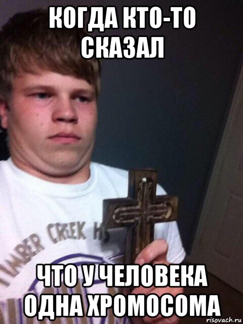 когда кто-то сказал что у человека одна хромосома, Мем    Пацан с крестом