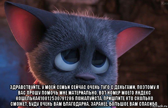  здравствуйте. у моей семьи сейчас очень туго с деньгами, поэтому я вас прошу помочь мне материально. вот номер моего яндекс кошелька410012530791286 пожалуйста, пришлите кто сколько сможет, буду очень вам благодарна. заранее, большое вам спасибо.