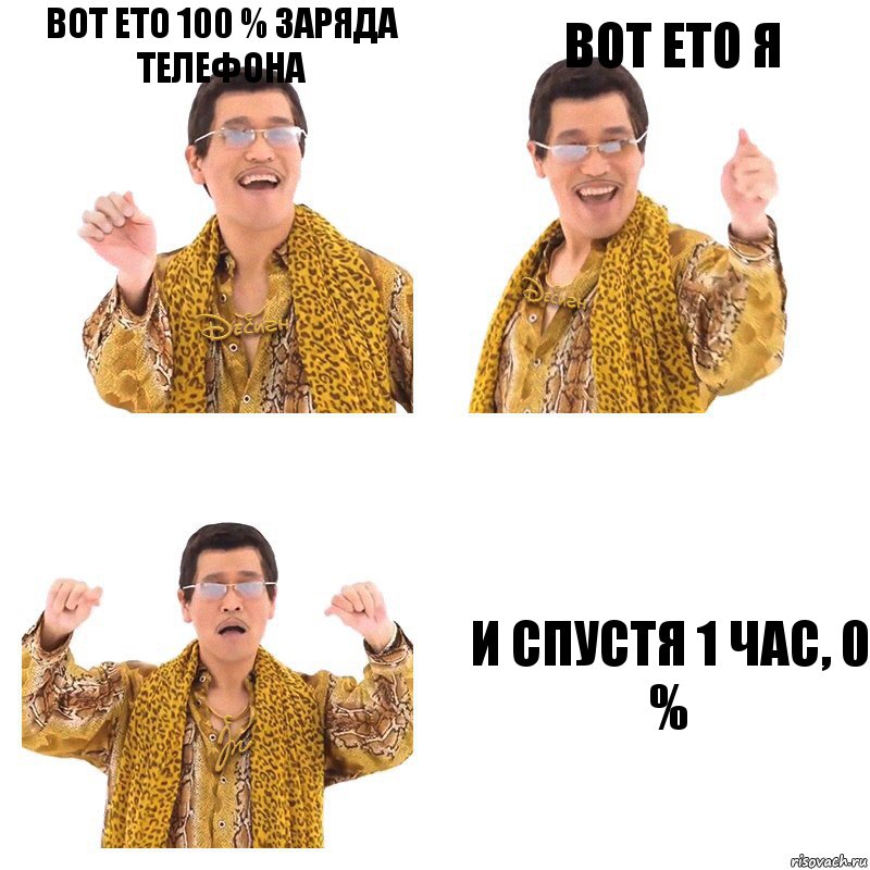 вот ето 100 % заряда телефона вот ето я и спустя 1 час, 0 %, Комикс  Ppap penpineapple