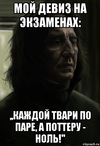 мой девиз на экзаменах: ,,каждой твари по паре, а поттеру - ноль!'', Мем Снейп