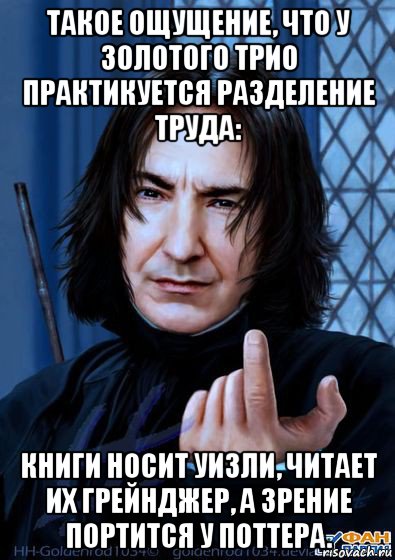 такое ощущение, что у золотого трио практикуется разделение труда: книги носит уизли, читает их грейнджер, а зрение портится у поттера., Мем Снейп подзывает пальцем