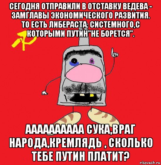 сегодня отправили в отставку ведева - замглавы экономического развития. то есть либераста. системного,с которыми путин"не борется". аааааааааа сука,враг народа,кремлядь , сколько тебе путин платит?