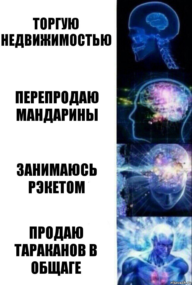 Торгую недвижимостью Перепродаю мандарины Занимаюсь рэкетом Продаю тараканов в общаге, Комикс  Сверхразум