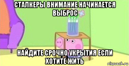 сталкеры внимание начинается выброс найдите срочно укрытия если хотите жить, Мем  Свинка пеппа под столом