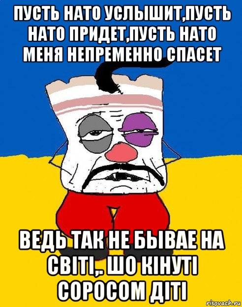 пусть нато услышит,пусть нато придет,пусть нато меня непременно спасет ведь так не бывае на свiтi,. шо кiнутi соросом дiтi, Мем Западенец - тухлое сало