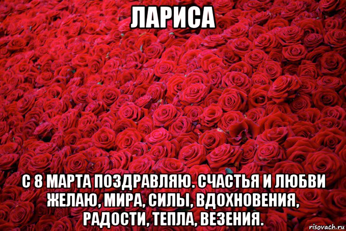лариса с 8 марта поздравляю. счастья и любви желаю, мира, силы, вдохновения, радости, тепла, везения.