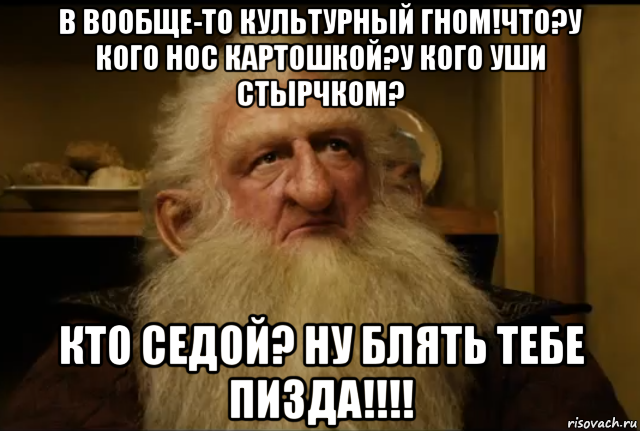 в вообще-то культурный гном!что?у кого нос картошкой?у кого уши стырчком? кто седой? ну блять тебе пизда!!!!