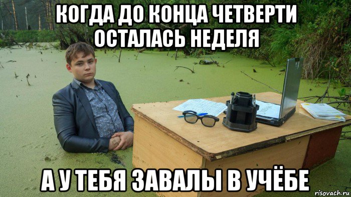 когда до конца четверти осталась неделя а у тебя завалы в учёбе, Мем  Парень сидит в болоте