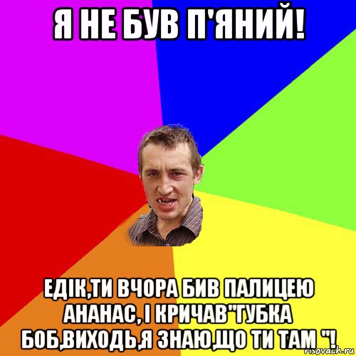 я не був п'яний! едік,ти вчора бив палицею ананас, і кричав"губка боб,виходь,я знаю,що ти там "!, Мем Чоткий паца