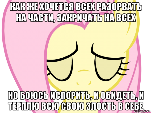 как же хочется всех разорвать на части, закричать на всех но боюсь испорить, и обидеть, и терплю всю свою злость в себе