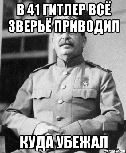 в 41 гитлер всё зверьё приводил куда убежал, Мем   Сталин в фуражке