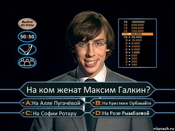 На ком женат Максим Галкин? На Алле Пугачёвой На Кристине Орбакайте На Софии Ротару На Розе Рымбаевой, Комикс  галкин