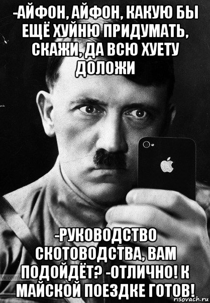 -айфон, айфон, какую бы ещё хуйню придумать, скажи, да всю хуету доложи -руководство скотоводства, вам подойдёт? -отлично! к майской поездке готов!