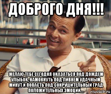 доброго дня!!! желаю тебе сегодня оказаться под дождем улыбок, намокнуть под ливнем удачным минут и попасть под сокрушительный град положительных эмоций…, Мем Хитрый Гэтсби