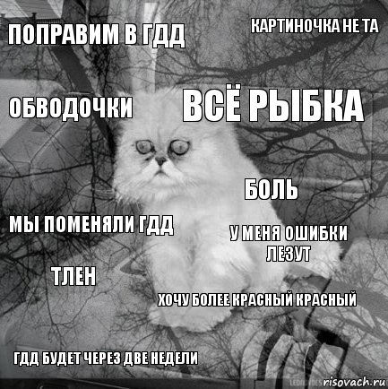 поправим в гдд у меня ошибки лезут всё рыбка гдд будет через две недели мы поменяли гдд картиночка не та хочу более красный красный обводочки тлен боль, Комикс  кот безысходность