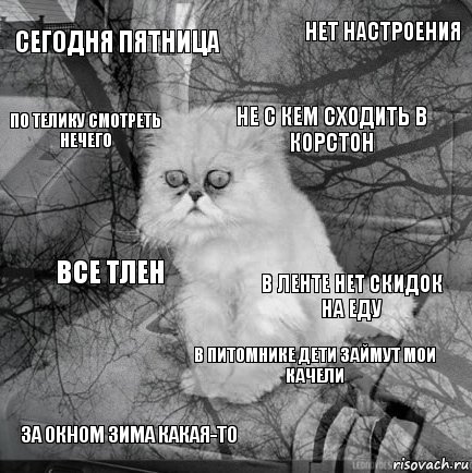 Сегодня пятница в ленте нет скидок на еду не с кем сходить в корстон за окном зима какая-то все тлен нет настроения в питомнике дети займут мои качели по телику смотреть нечего  , Комикс  кот безысходность