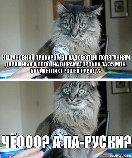 нешановний прокурор, ви задоволені поляганням дорожнього полотна в Краматорську за 35 млн. бюджетних грошей народу? чёооо? а па-руски?, Комикс  кот с микрофоном