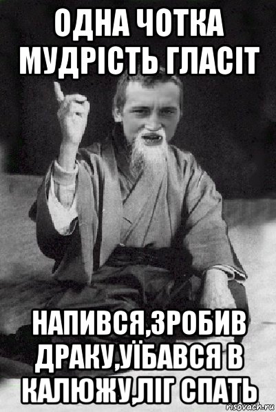 одна чотка мудрість гласіт напився,зробив драку,уїбався в калюжу,ліг спать, Мем Мудрий паца