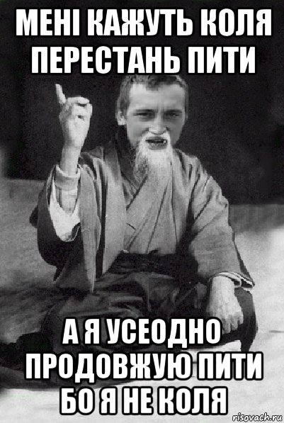 мені кажуть коля перестань пити а я усеодно продовжую пити бо я не коля, Мем Мудрий паца