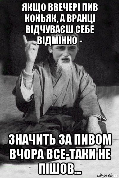 якщо ввечері пив коньяк, а вранці відчуваєш себе відмінно - значить за пивом вчора все-таки не пішов..., Мем Мудрий паца