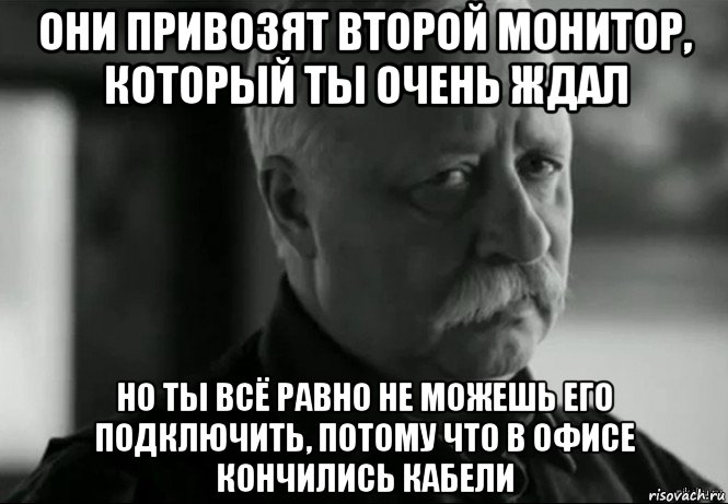 они привозят второй монитор, который ты очень ждал но ты всё равно не можешь его подключить, потому что в офисе кончились кабели, Мем Не расстраивай Леонида Аркадьевича