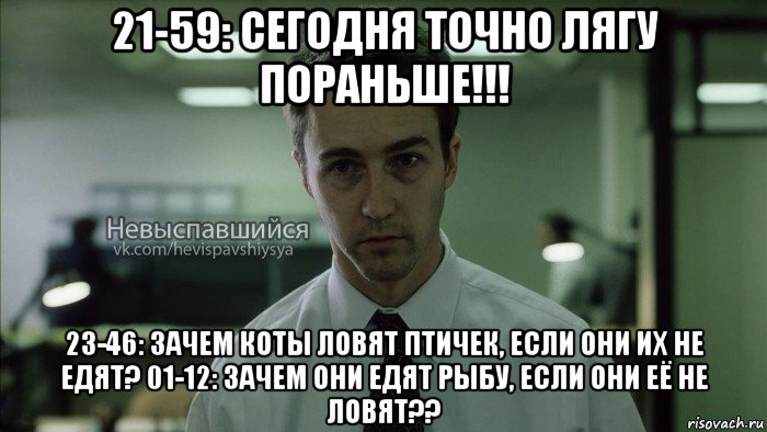 21-59: сегодня точно лягу пораньше!!! 23-46: зачем коты ловят птичек, если они их не едят? 01-12: зачем они едят рыбу, если они её не ловят??, Мем Невыспавшийся