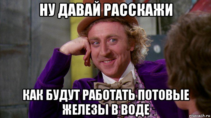 ну давай расскажи как будут работать потовые железы в воде, Мем Ну давай расскажи (Вилли Вонка)