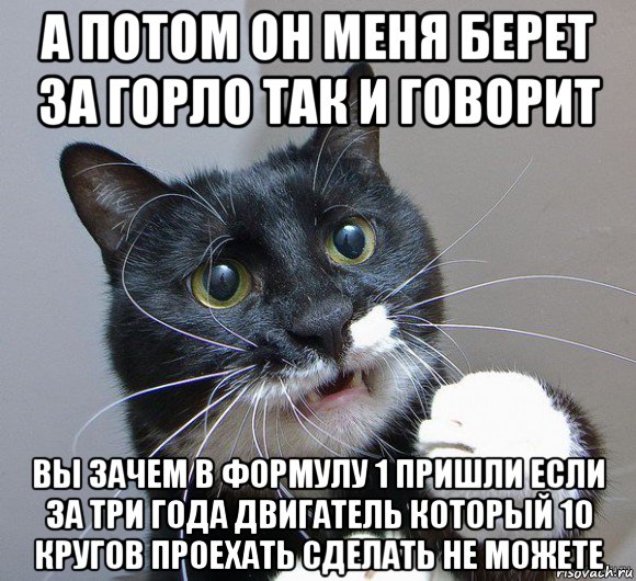 а потом он меня берет за горло так и говорит вы зачем в формулу 1 пришли если за три года двигатель который 10 кругов проехать сделать не можете