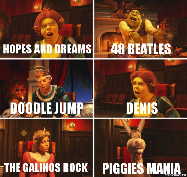 Hopes and dreams 48 Beatles Doodle jump Denis The galinos rock Piggies mania, Комикс  Шрек Фиона Гарольд Осел
